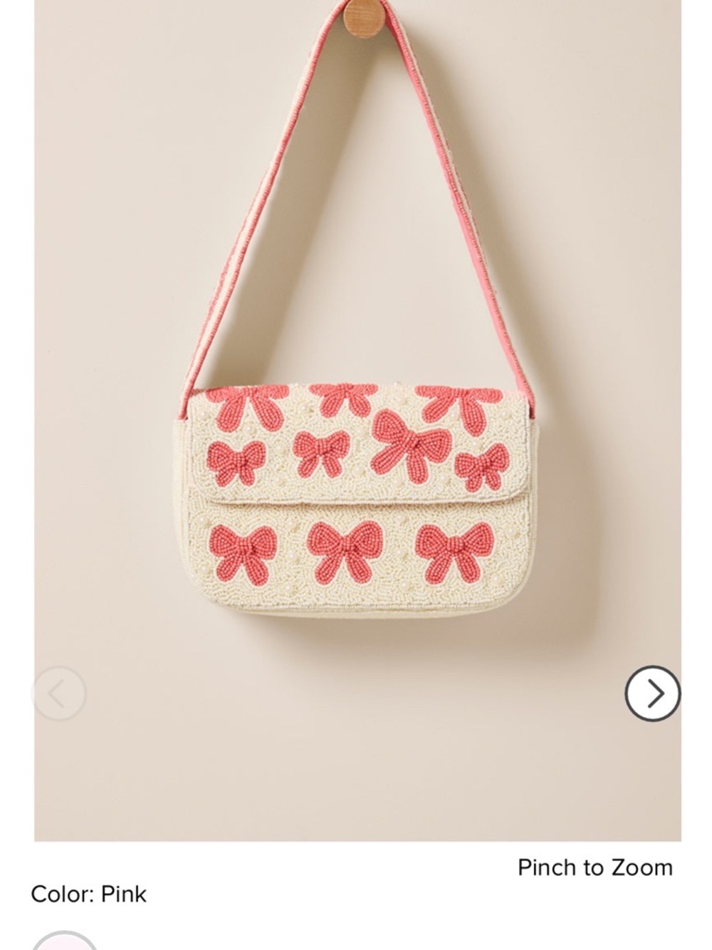 NWT Francesca’s Cream Beaded Shoulder Bag with Pink Bow Accents